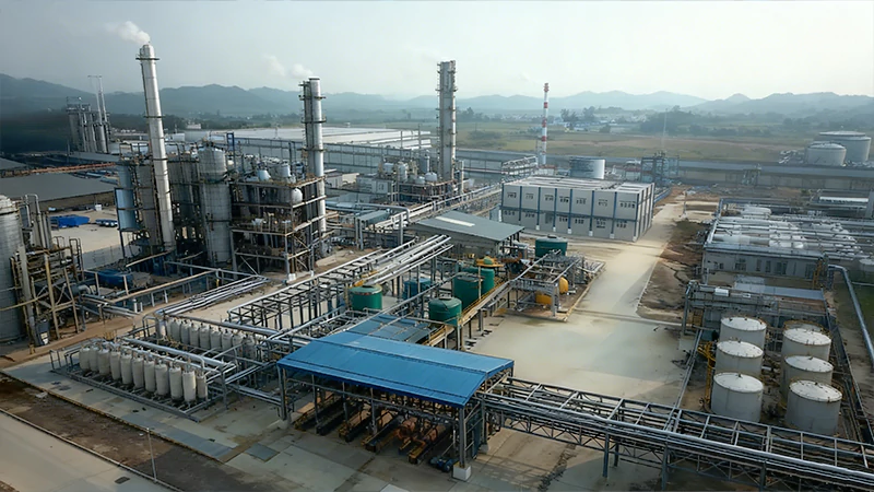 An aerial view of a large, modern chemical manufacturing facility