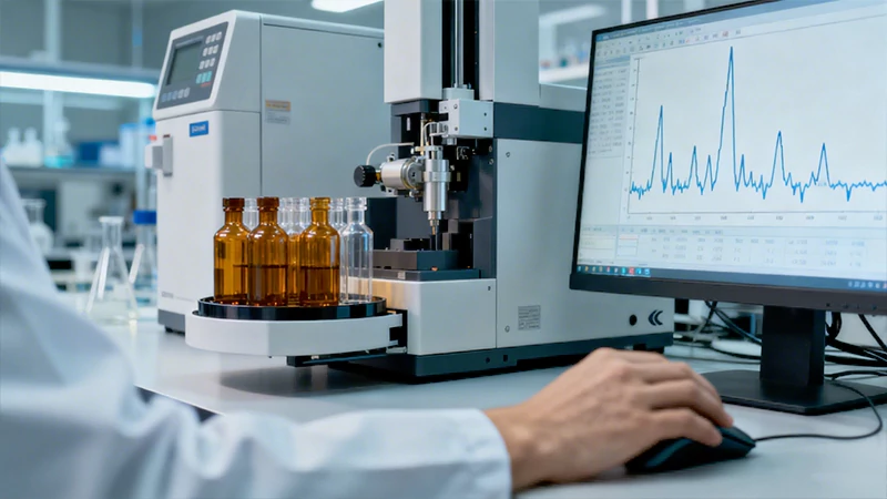 A chemist analyzing a sample with a Gas Chromatography (GC) machine
