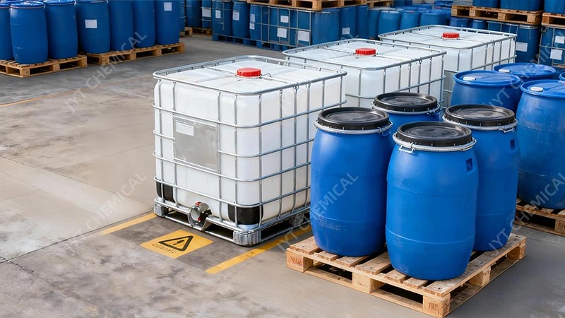 Various chemical packaging options: ISO tank, IBC totes, and HDPE drums