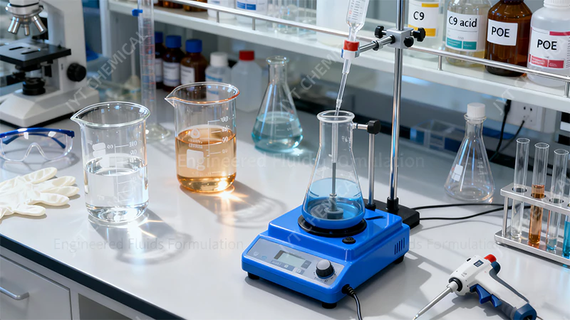 A laboratory setup with beakers and flasks, representing chemical formulation of engineered fluids