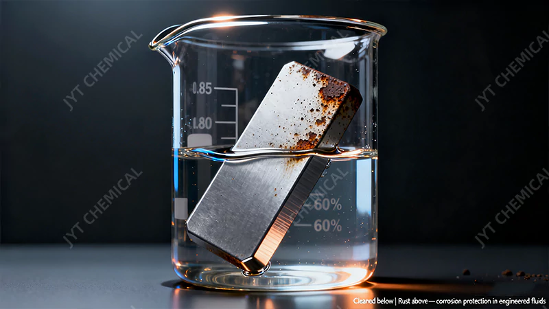 A metal part half-submerged in a clear liquid, with the submerged half clean and the exposed half rusty