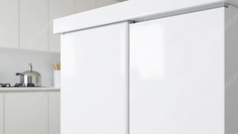 A close-up of a pristine, high-gloss white appliance finish, reflecting light perfectly