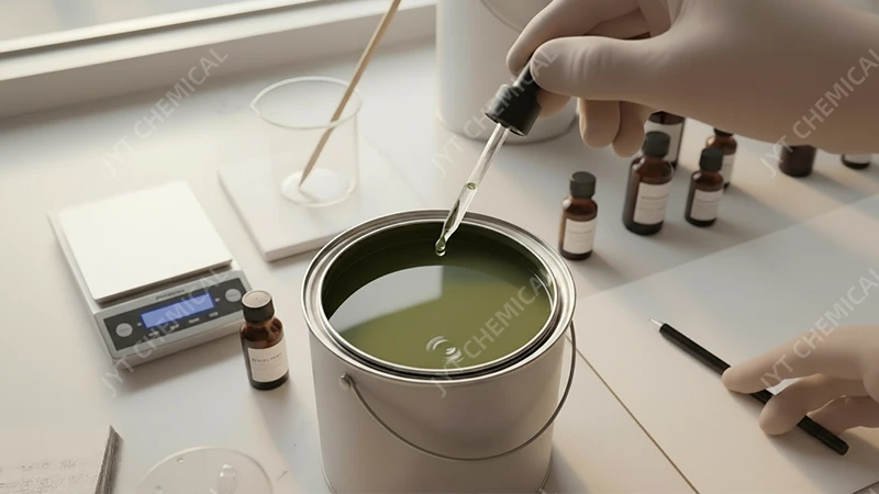 A drop of clear liquid (paint drier) being added to a can of paint, symbolizing a safer additive