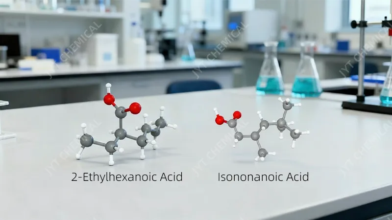 Molecular models of Isononanoic Acid and 2-Ethylhexanoic Acid side-by-side 
