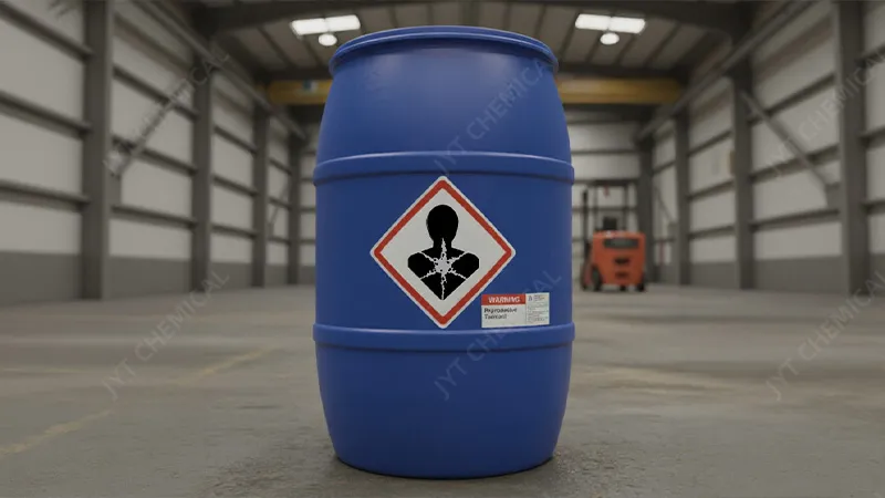 A GHS health hazard pictogram on a chemical drum