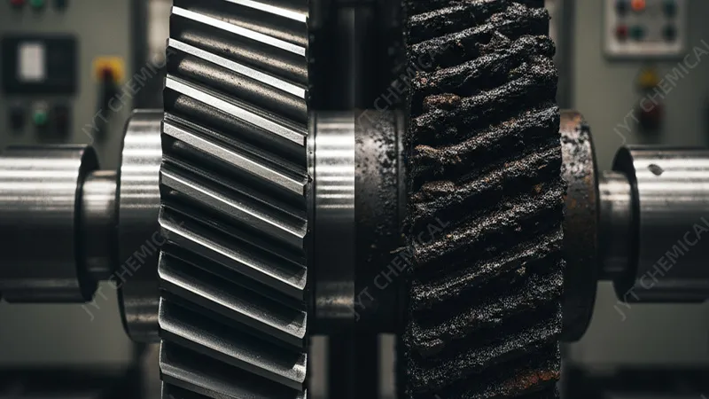 A split image showing a clean gear vs. a sludgy, coked gear
