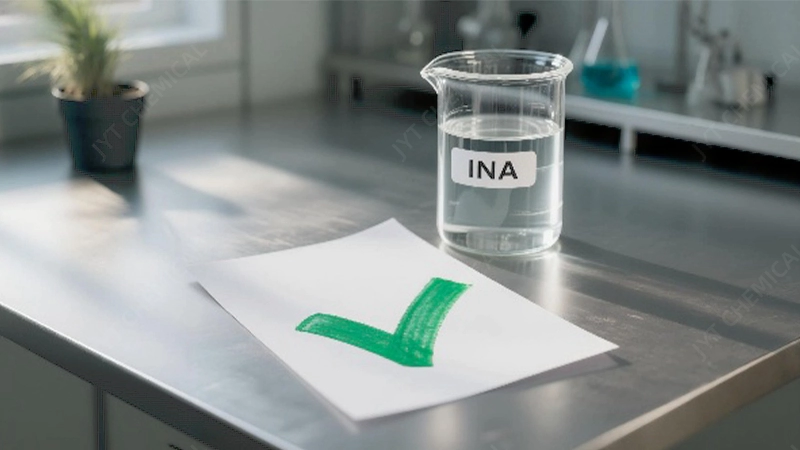 A green checkmark symbol next to a chemical beaker labeled INA, signifying safety and approval